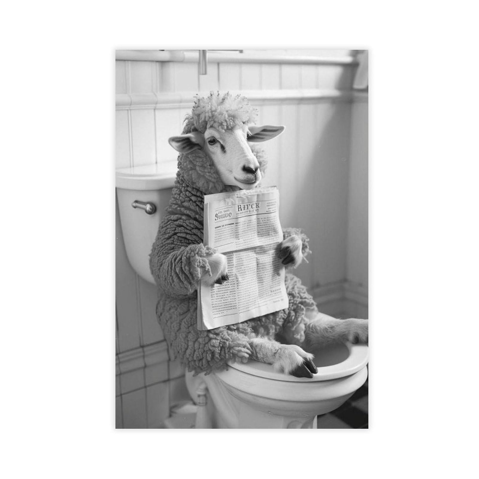 Sheep On Toilet Humorous Animal Art Canvas Poster for Bedroom Decor Gift