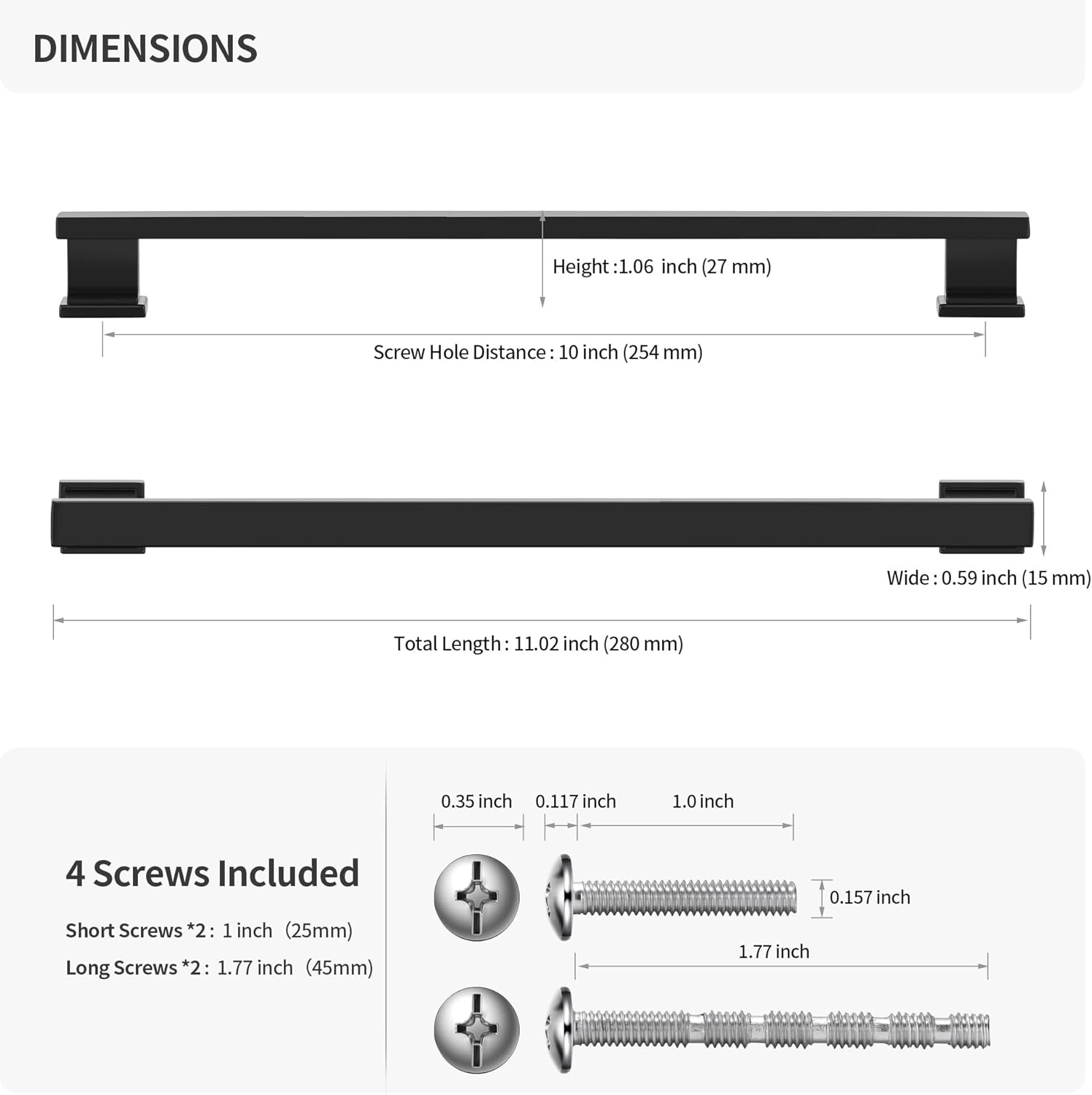 Lardmon 10 Pack 10 Inch(254mm) Hole Center Matte Black Kitchen Cabinet Handles Modern Cabinet Pulls Kitchen Cabinet Hardware Solid Drawer Pulls Handles for Dresser, Total Length 11 Inch