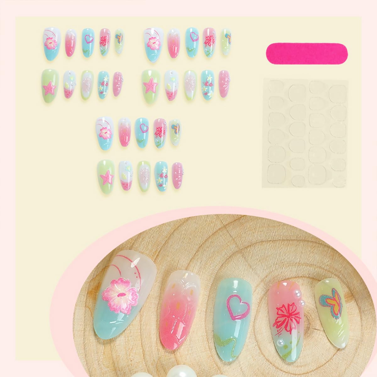 Lot de 30 faux ongles à presser en forme de fleur 3D d'amande moyenne avec motif de fruits hawaïens, étoile de mer, cœur, couverture complète, faux ongles artificiels à coller sur les ongles d'été