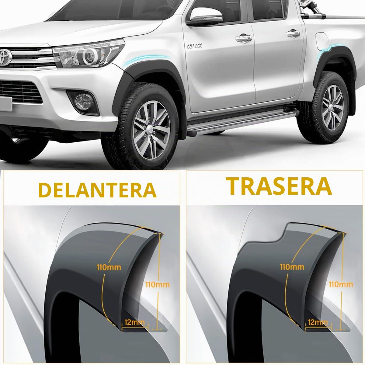 Aletines de Paso de Rueda Negro Mate para Toyota Hilux 2016-2020 & 2021-2026 Doble Cabina, Extensiones de Guardabarros Kit Toyota Hilux Wheel Arches Slim, Hilux Accessories (GX, VX, VXL, Invincible)