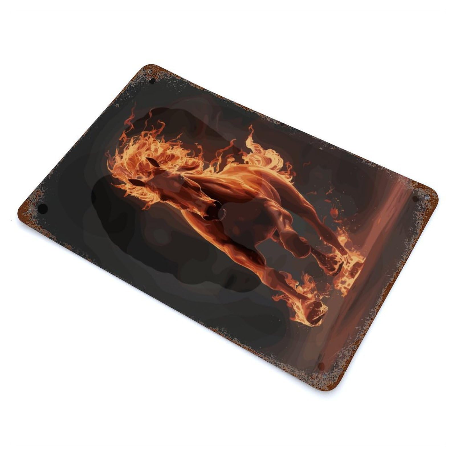 Distressed Metal Wall Sign with Horse Fire Design 11.8"x7.9", for Office, Studio And Wall Decor, Industrial Home Decor