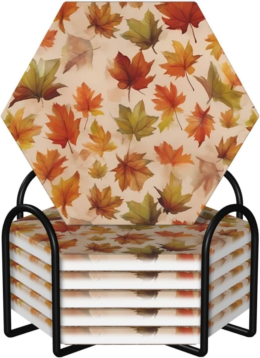 (Autumn Harvest Watercolor Leaf) Ceramic Coasters Set of 6 with Holder Non-Slip Hexagon Coffee Coasters for for Cup Mug Drink Patio Coffee Table Decor, Christmas Coasters Home Bar Supplies