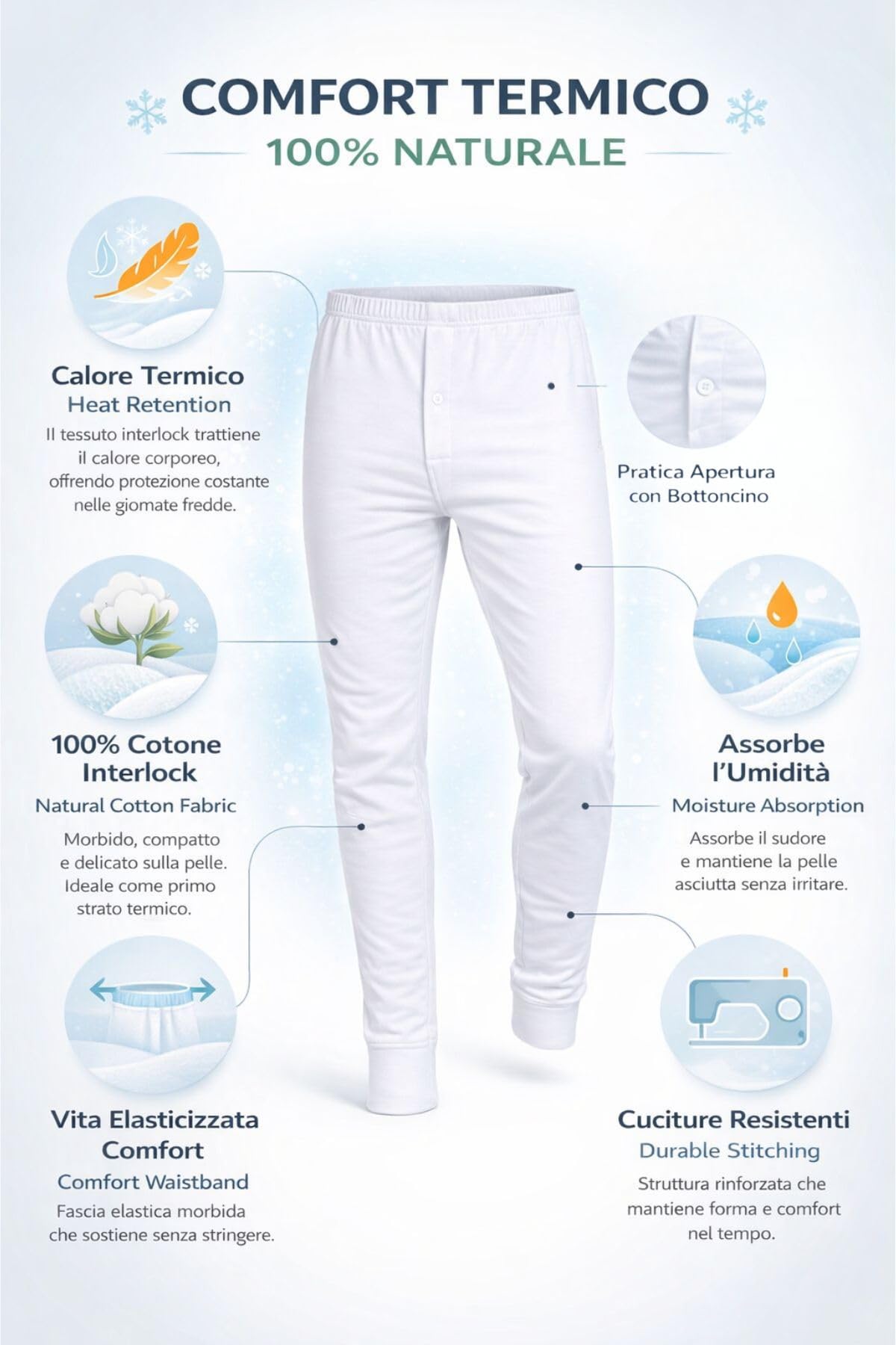 LADY·C Mallas largas de algodón Interlock para hombre, térmicas y suaves, banda de confort en la cintura, botón frontal – Ropa interior de invierno 100% algodón blanco/negro