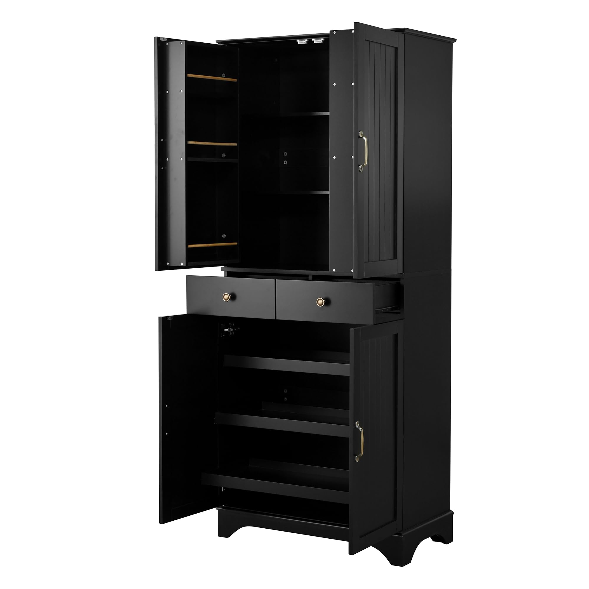 SUKY Armario alto con estantes ajustables y cajones, estantería con estantes extensibles y puertas de frigorífico, ideal para comedor, salón y cocina, 77 × 40 × 181 cm, color negro