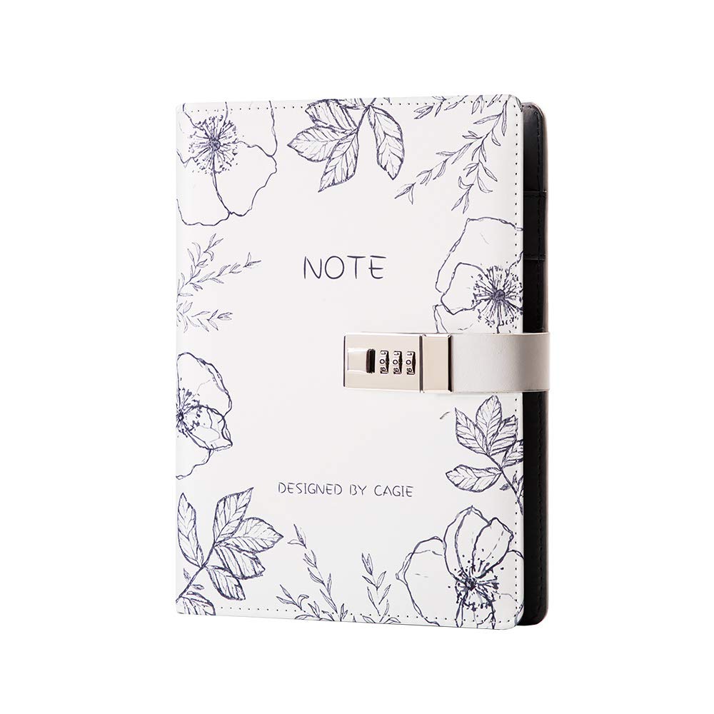 CAGIELock Journal A5 Binder Diary Faux Leather Refillable Journal Loose Leaf Spiral Flower Locking Notebook white