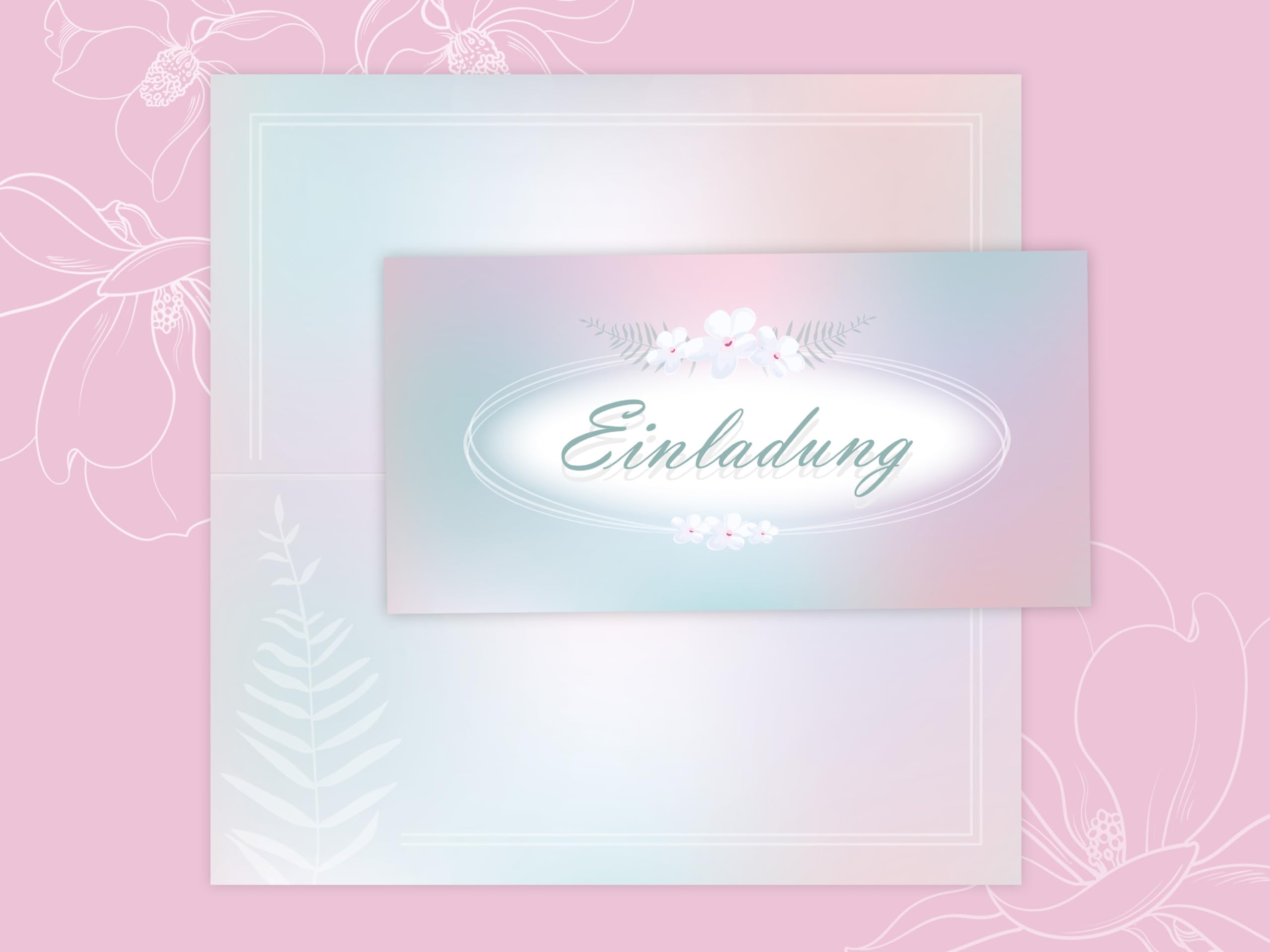 250 Einladungskarten für Hochzeit, Standesamt, Geburtstag, Konfirmation, Kommunion, Jugendweihe, Taufe, Geburtstag Jubiläum. Klappkarten DIN lang (21 x 10,5 cm). Romantische Blumen grüne Blätter