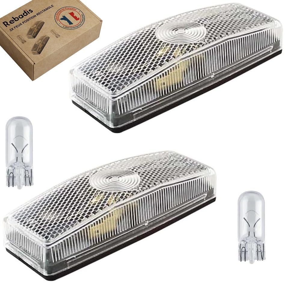Rebadis Lot 2 Feux de position remorque rectangle blanc, Livré AVEC ampoule 12V, Feu gabarit catadioptre 112x42mm