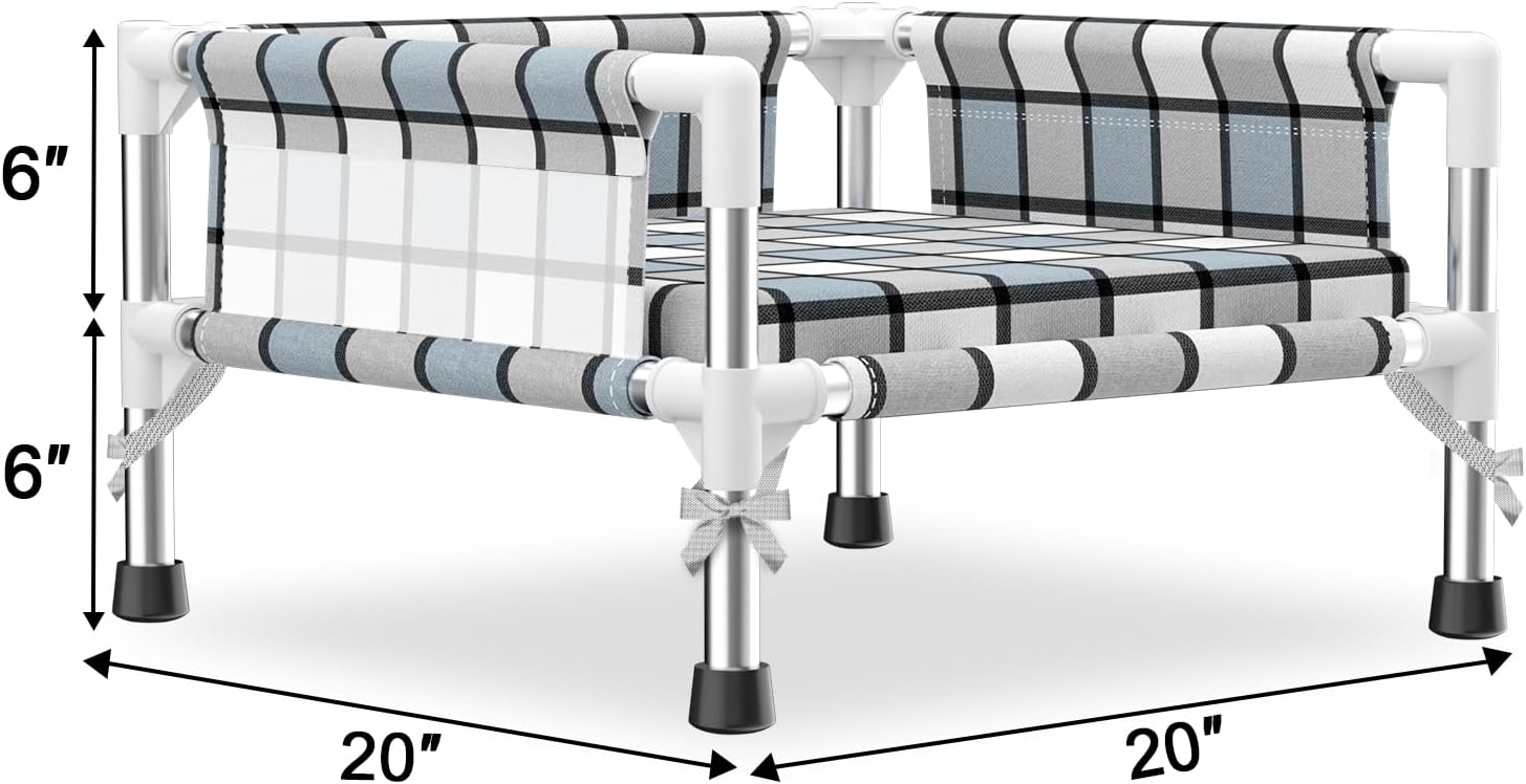 Elevated Raised Outdoor Dog Bed - Cooling Washable Dog Cot with Guardrail, Durable & Breathable Cotton Mesh Pet Hammock Beds with Stainless Steel Pipe Frame for Small Pets (Cushion-S)