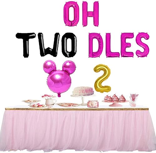 Miniatura 4 de Geloar Cartel de globos de Oh Twodles, suministros de fiesta de cumpleaños de Oh Twodles, globo número 2 para 2 segundo niña, niño, Minnie Mickey