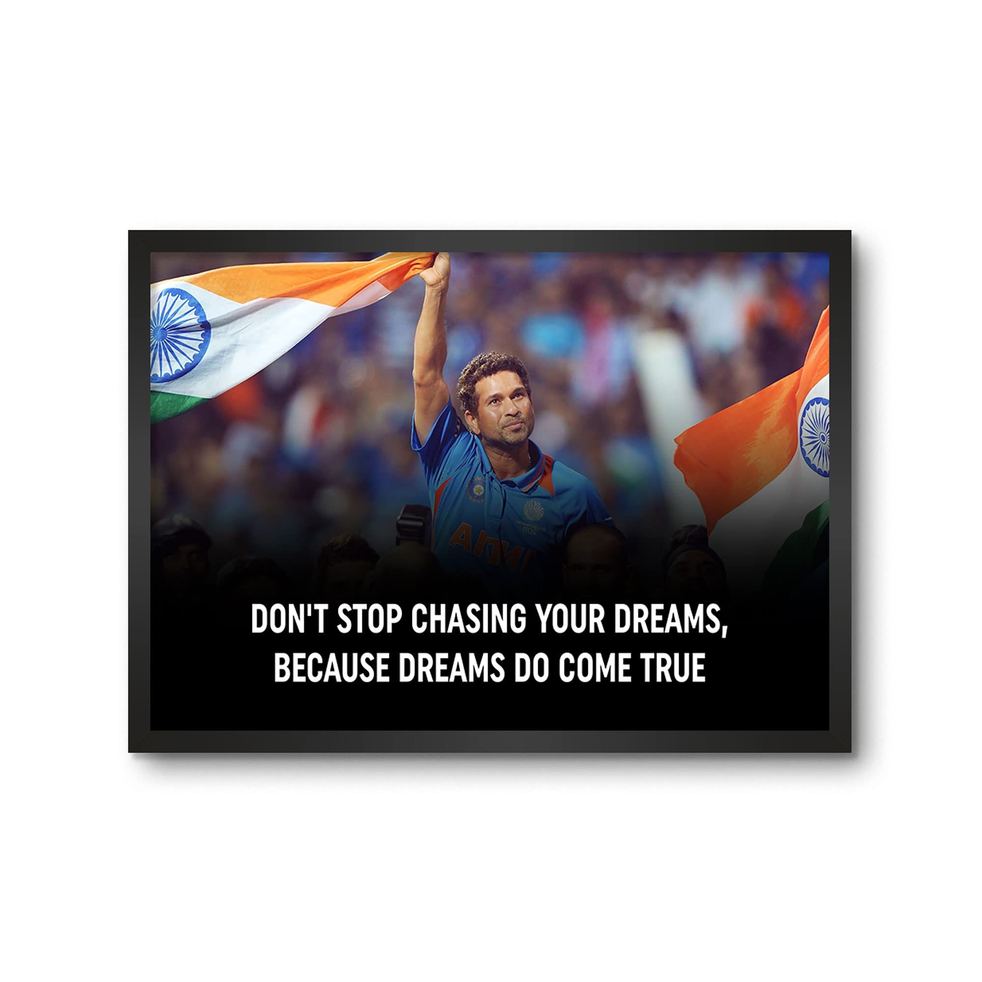 LAMRONSachin Dreams Do Come True Wall Decoration Art Framed Poster, 8 Inch x 12 Inch, Glass with 0.5 Inch Black Wooden Frame