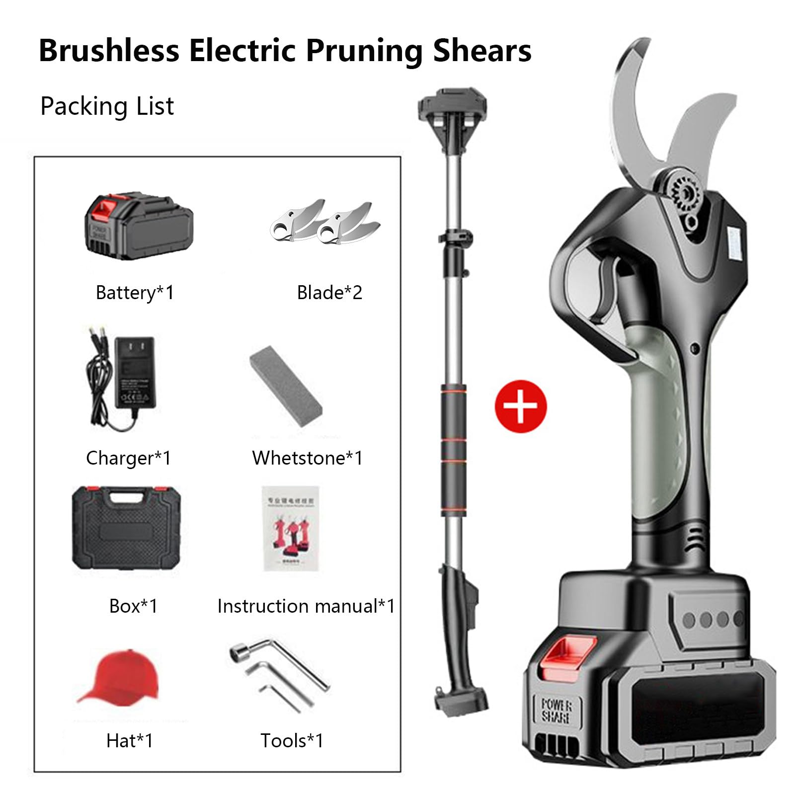 Tijeras de podar eléctricas, cortador de ramas con mango extensible, baterías recargables de 2000 mAh y cuchillas de repuesto, herramienta de jardinería profesional para ramas altas,1Battery