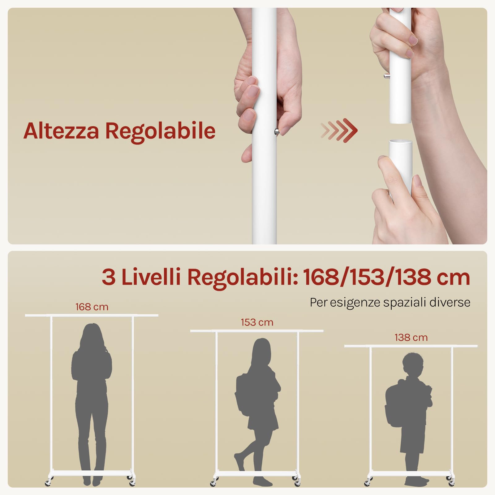 WOLTU Appendiabiti da Terra con Ruote, Attaccapanni con Ripiano Inferiore, Barra Estensibile e Altezza Regolabile, per Soggiorno, Camera da Letto, Bianco