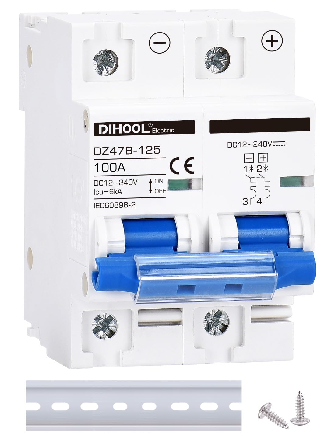 DC Circuit Breaker dz47 2P 100Amp 12V 24V 36V 48V DC MCB Short Circuit Protection Disconnect Switch Isolator for Solar Panel Battery UPS Inverter Photovoltaic PV System