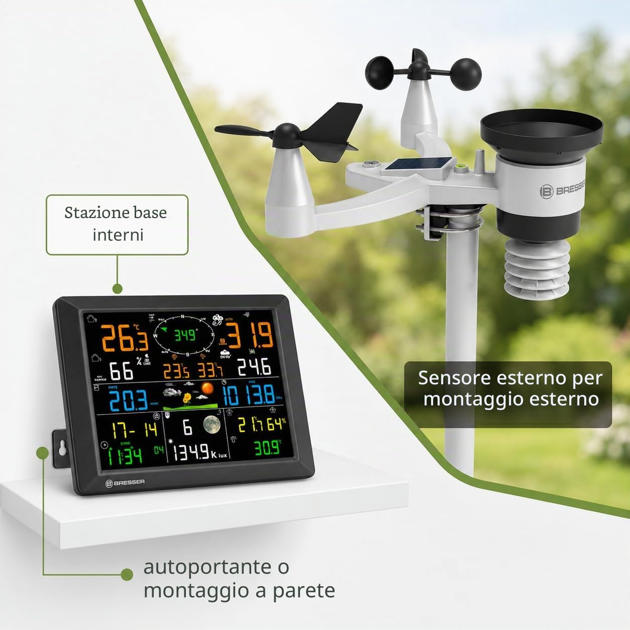 Bresser Stazione meteo, portata 1,5 km, Wi-Fi, sensore esterno 7 in 1, solare, UV, vento, pioggia, Wi-Fi upload, allarme, clima interno/esterno
