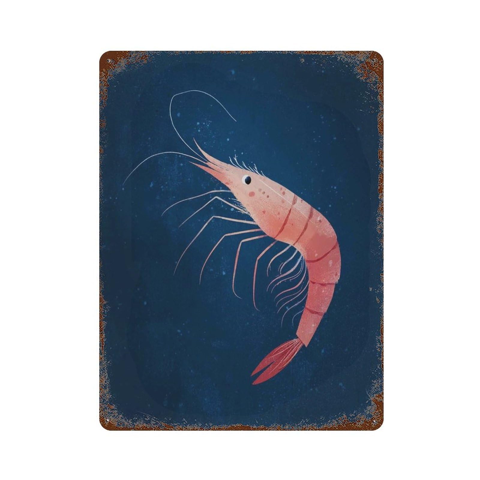 xiaoxiaoshen Shrimp Cute Seafood Pink Prawn on Navy Blue Ocean Kitchen Nautical Animal Sea Cr Wall Decor Art Metal Tin Poster Modern Home Decor Art Home Bar Shop Decorations Vintage Sign 40x30cm