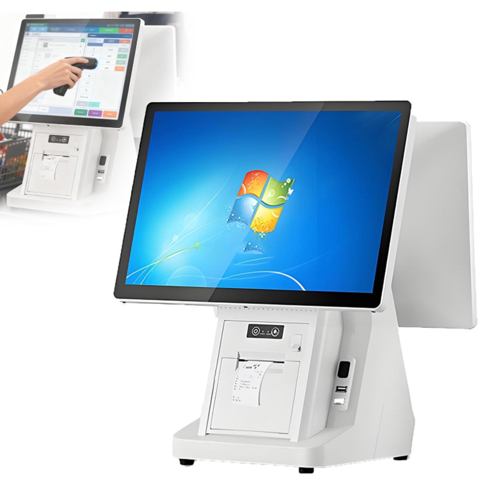 Registratore di cassa POS per piccole imprese, registratore di cassa multifunzione con doppio schermo touch da 15,6", stampante termica integrata, registratore di cassa intelligente 4G64G-58mm