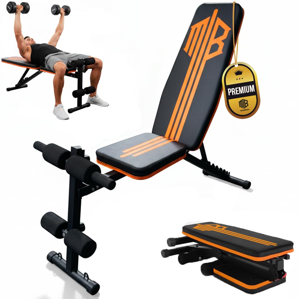 ManiBoom Banco Musculación PLEGABLE para Entrenamiento en Casa Banco de Pesas Robusto con Altura Ajustable 7 Niveles Tabla de Abdominales Cómoda y Fácil de Montar Maquina Gym Carga Máxima de 250KG