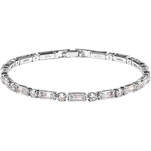 Emerald Cut and Round CZ Diamond Tennis Bracelet for Women Dainty Handmade Silver Jewelry Gifts for Mom Graduation Mothers Day Gifts for Wife Daughter Sister