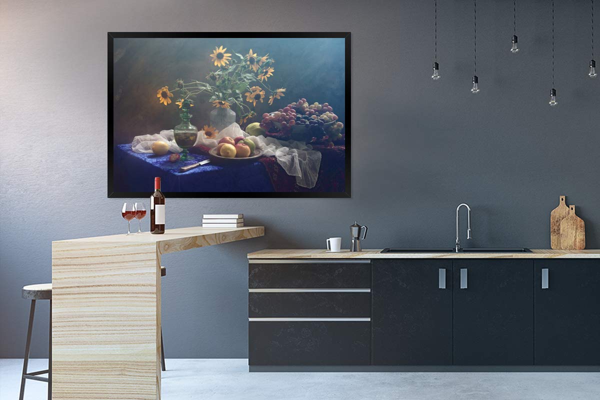 Poster Bilder Wanddeko Deko Wohnzimmer 120x80 cm Stilleben - Weintrauben - Sonnenblumen - Obst - Kunst - Malerei