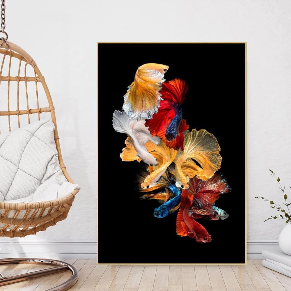 DEKORSTATION Floating Frame Canvas Painting HD Luxury Gold Fish with Sequins Artwork Wall Art for Home and Office Wall Decor | Size: 36 x18 Inch