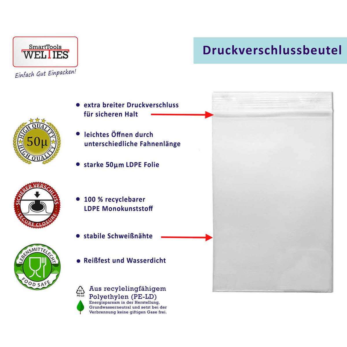 kleine Druckverschlussbeutel 50my Set 300 Tüten je 100 Stück 60x80 | 100x150 | 180x250 je 100 Stück Zip-Beutel wiederverschließbar Einwegtüten wasserdicht