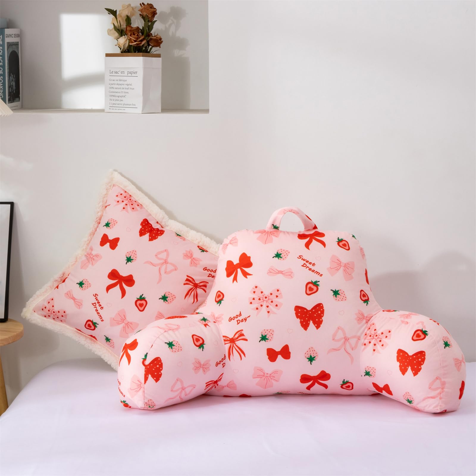 Aimuan Reading Pillow Bed Rest Wedge Backrest Pillow Red Bow Cute Ribbon Bowknot Printed Collections with Arms Sitting in Bed Blush