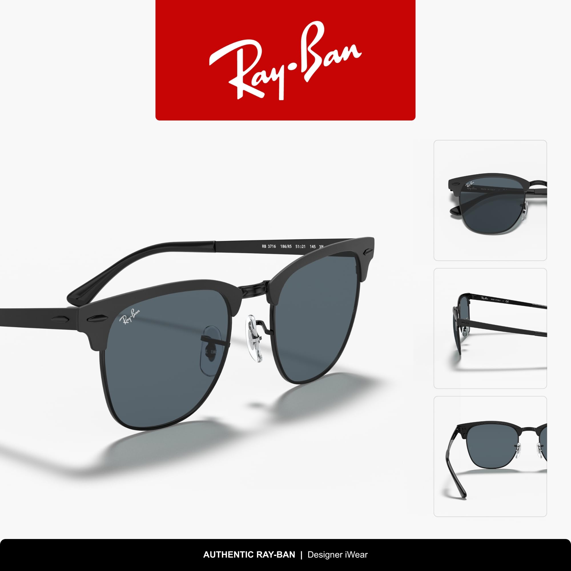 Ray-Ban Metal Clubmaster Sunglasses in Matte Black Blue RB3716 186/R5 51