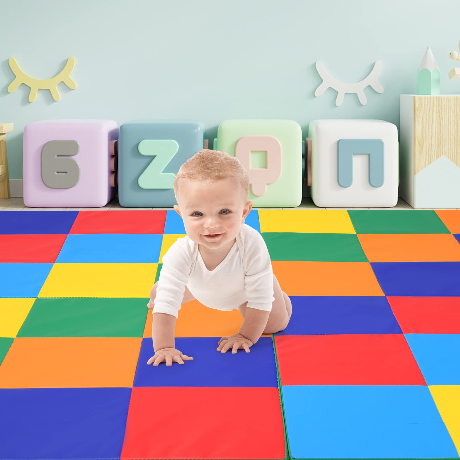 OLAKIDS Baby Foam Play Mat, Foldable 58'' x 58'' Toddler Collapsible Crawl Floor Mat, Waterproof Soft Thick Patchwork Play Mat for Kids Gym Nursery Playroom (Colourful)
