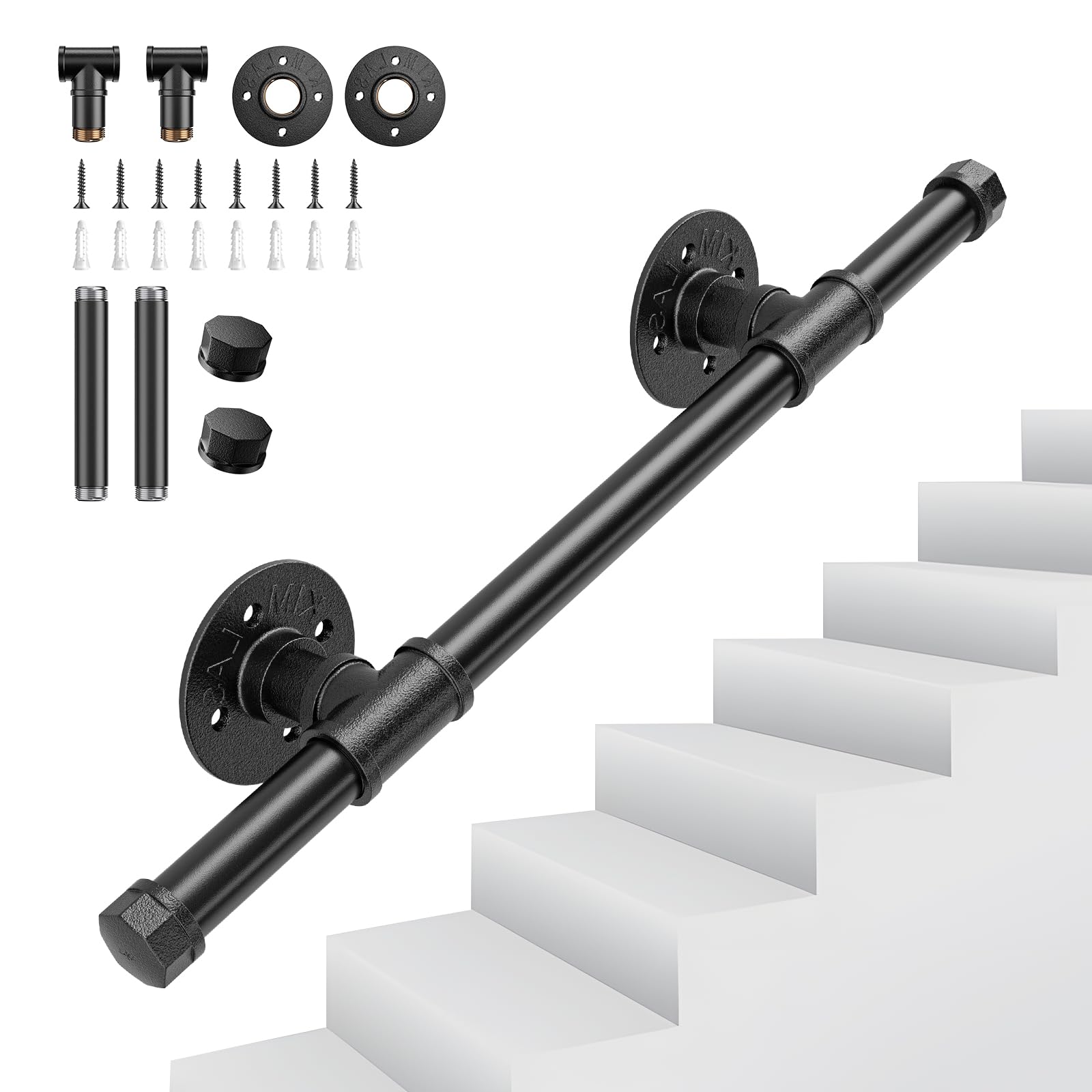 Pasamanos para Escalera, Couleeur Negro Barandilla Escalera Estilo Industrial Profesional, Tubería de Pasamanos y Antideslizante Hierro Forjado para Interiores y Exteriores pared Loft Ancianos 0.5M
