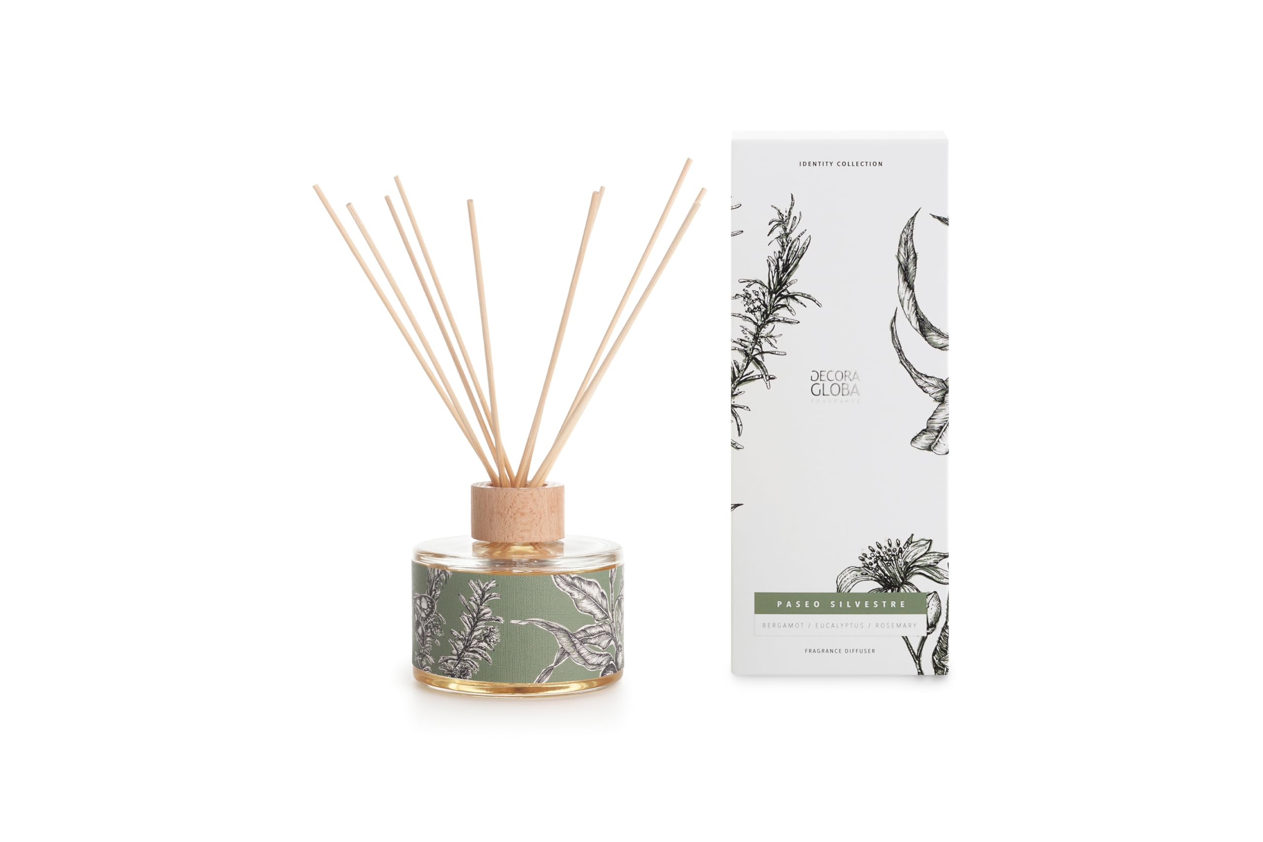 DECORAGLOBA – dyfuzor zapachowy z pałeczkami rattanowymi do pomieszczeń 250 ml – zapach rozmarynu i pinii – świeży aromatyczny zapach