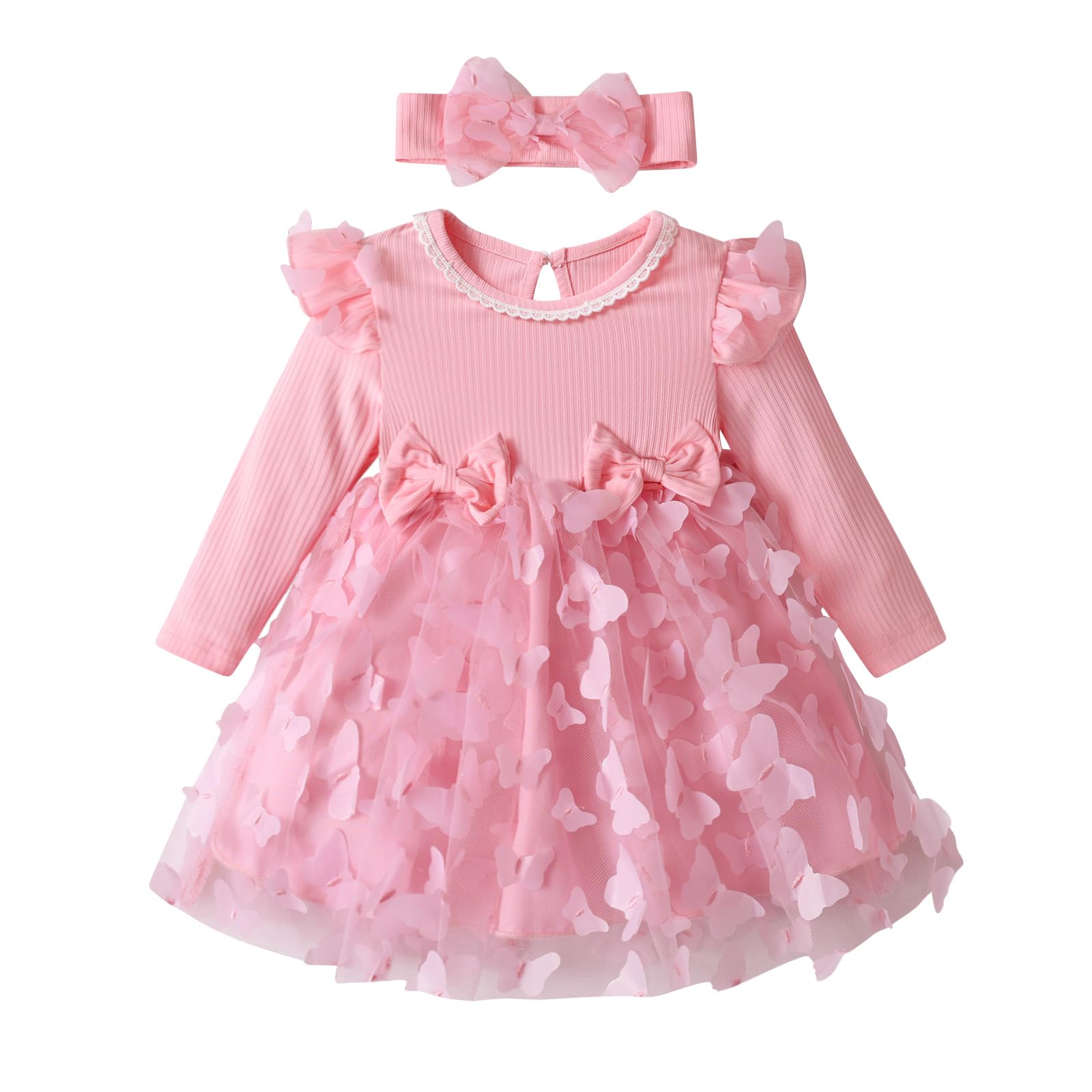 Kumsolu Toddler Baby Girl Clothes Dress Mesh Tulle Butterfly Print Long Sleeve Dresses
