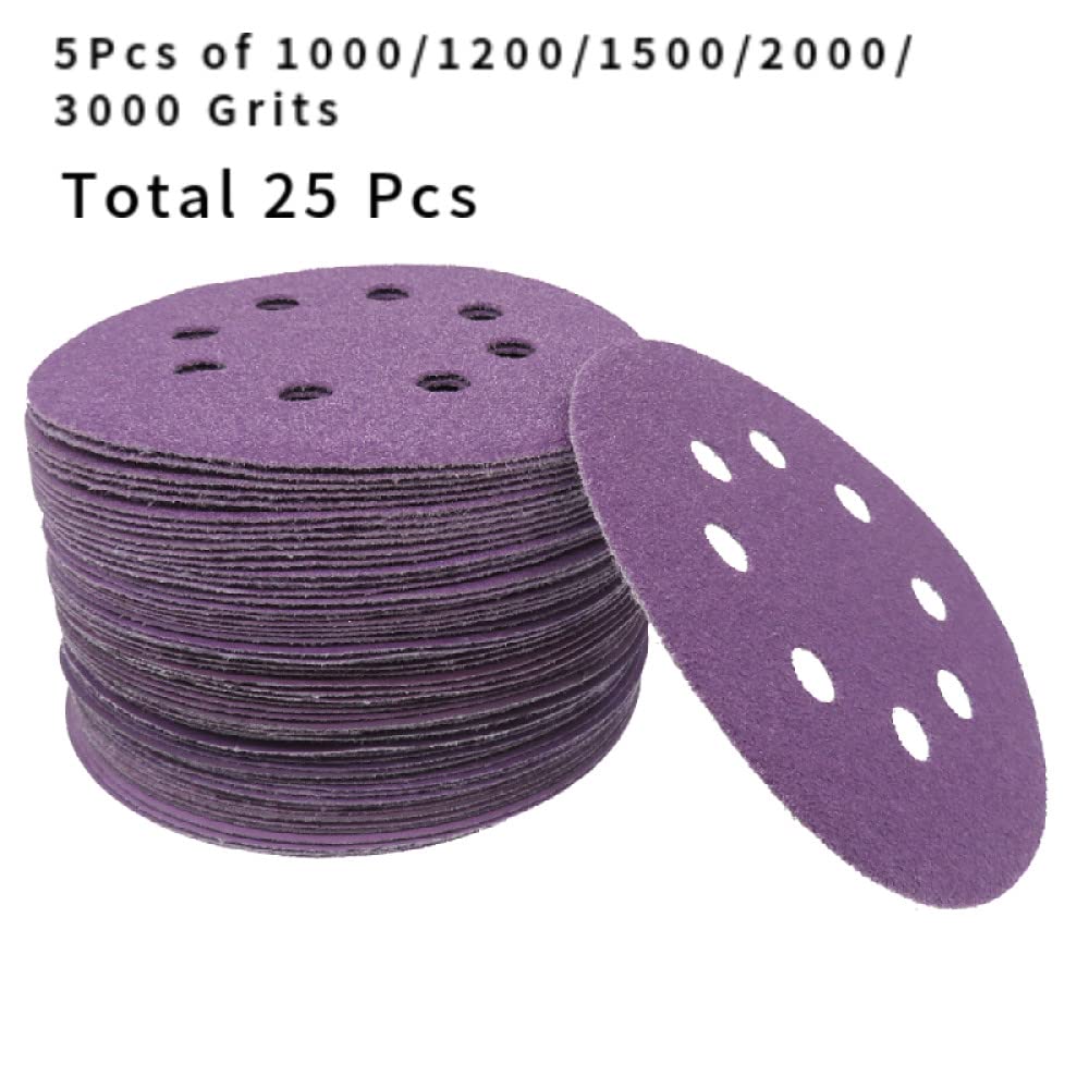 Juego de discos de lijado 5 pulgadas Gancho y bucle de 8 orificios Papel de lija de grano 1000-3000 para lijadora orbital aleatoria Carpintería Lijado automotriz,h
