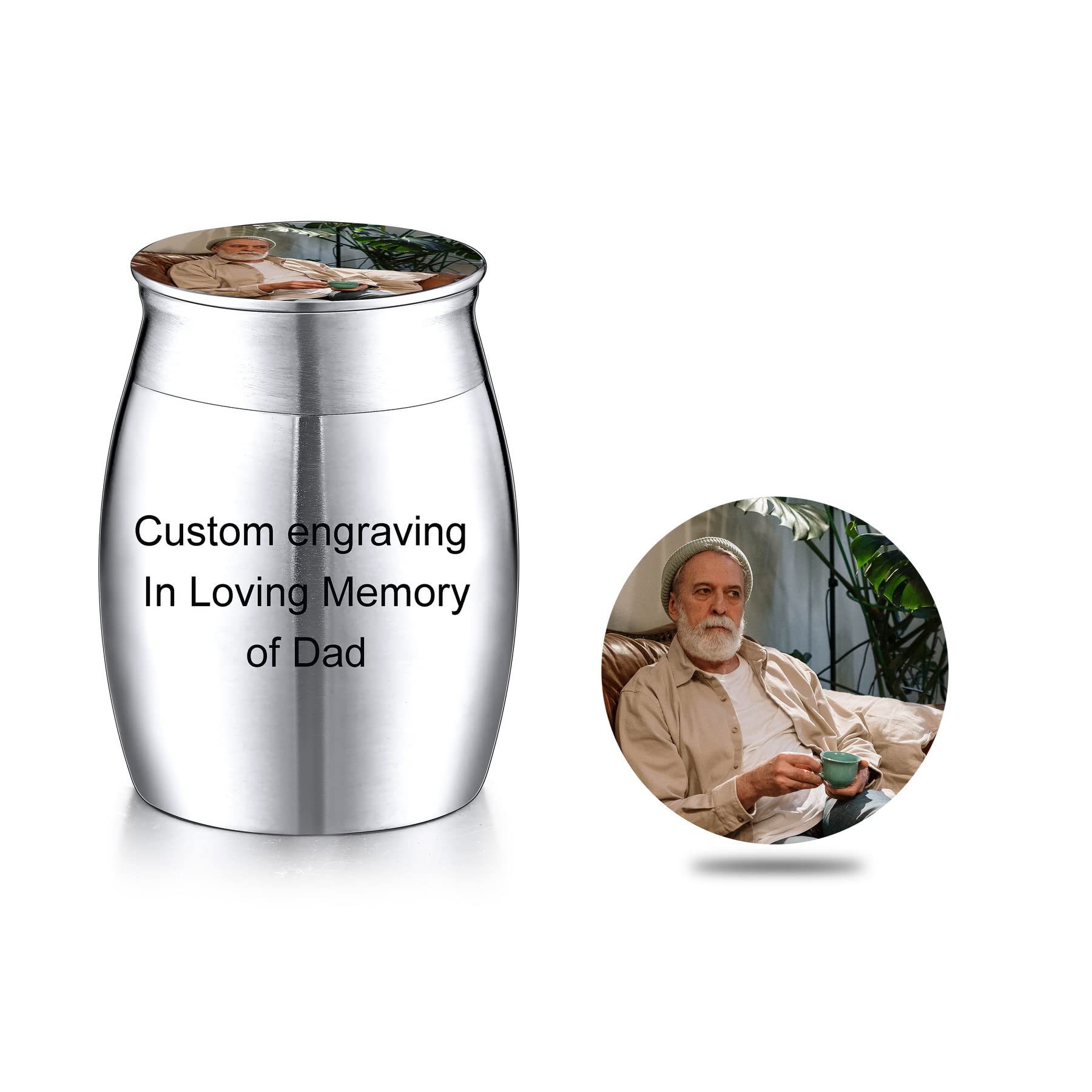 MeMeDIY Personalized Small Cremation Keepsake Stainless Steel Urns Jar for Human Ashes or Pet Ashes Memorial Ashes Holder with Picture and Engraving Birthstones (Color Photo)