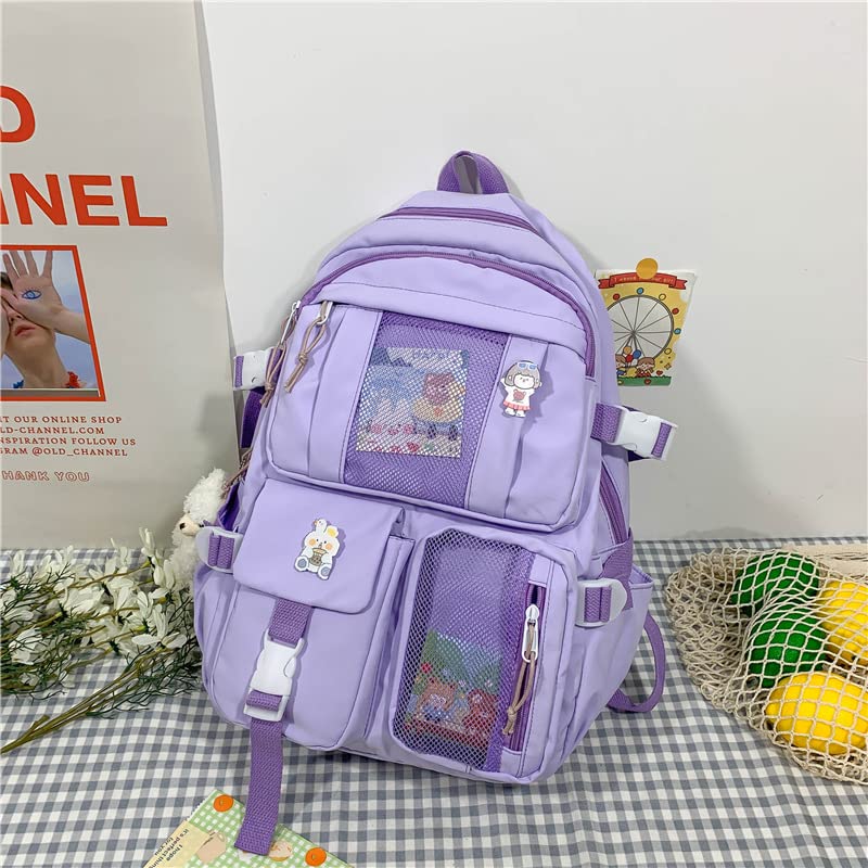 Kawaii Backpack with Pins and Pendant Accessories Cute College High School Backpack Laptop Bookbags for Teens Girls (Purple)4