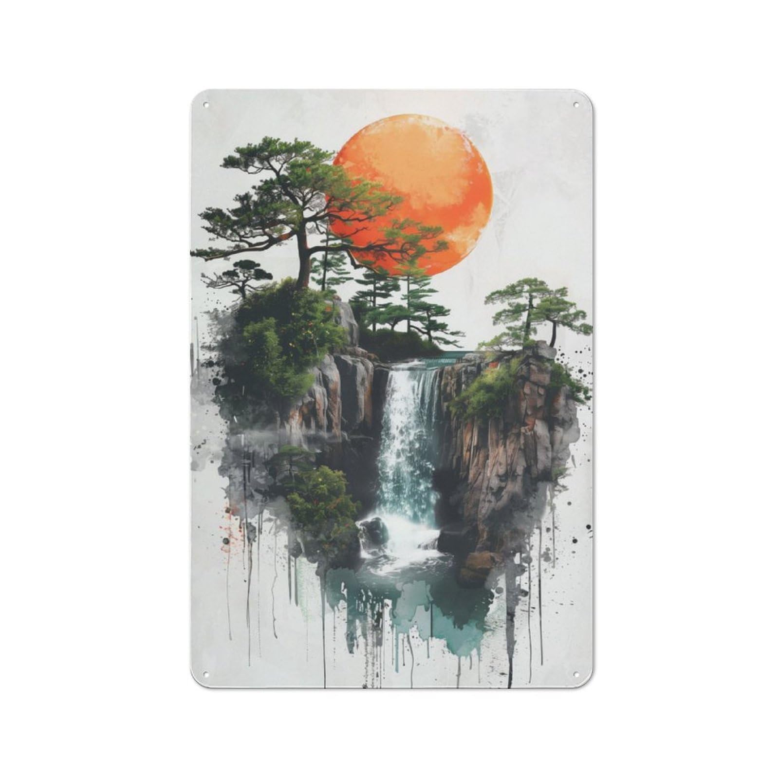 Waterfall Japanese Tin Wall Plaque 30x20cm, Rustic Cottage Wall Art for Dining Room, Cafe, Entryway Or Family Room