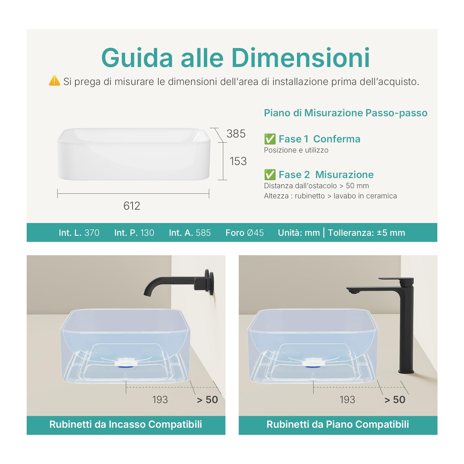 EMKE Lavabo da appoggio 610 x 380 x 150 mm, Lavabo rettangolare in ceramica per bagno, bianco brillante, lavabo di alta qualità per bagno, facile da pulire e installare