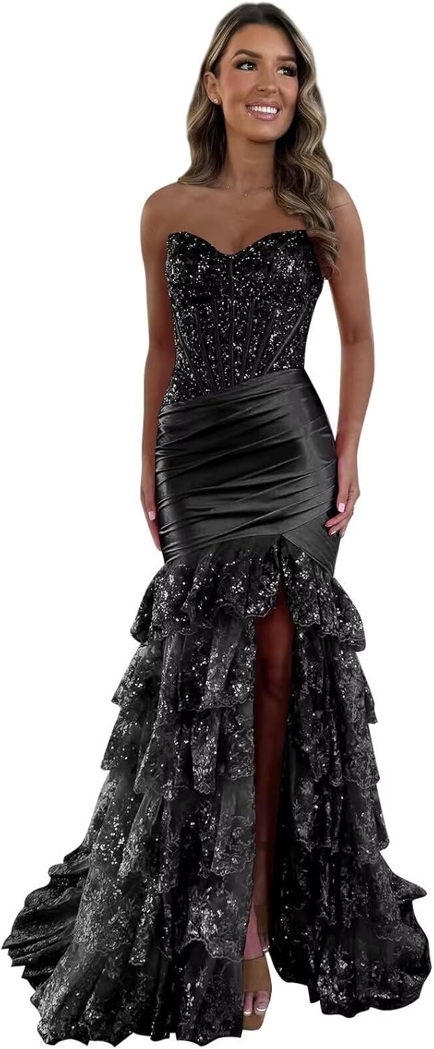 Women's Corset Strapless Prom Dress Long Tiered Sequin Lace Mermaid Formal Evening Gowns with Slit HRL01