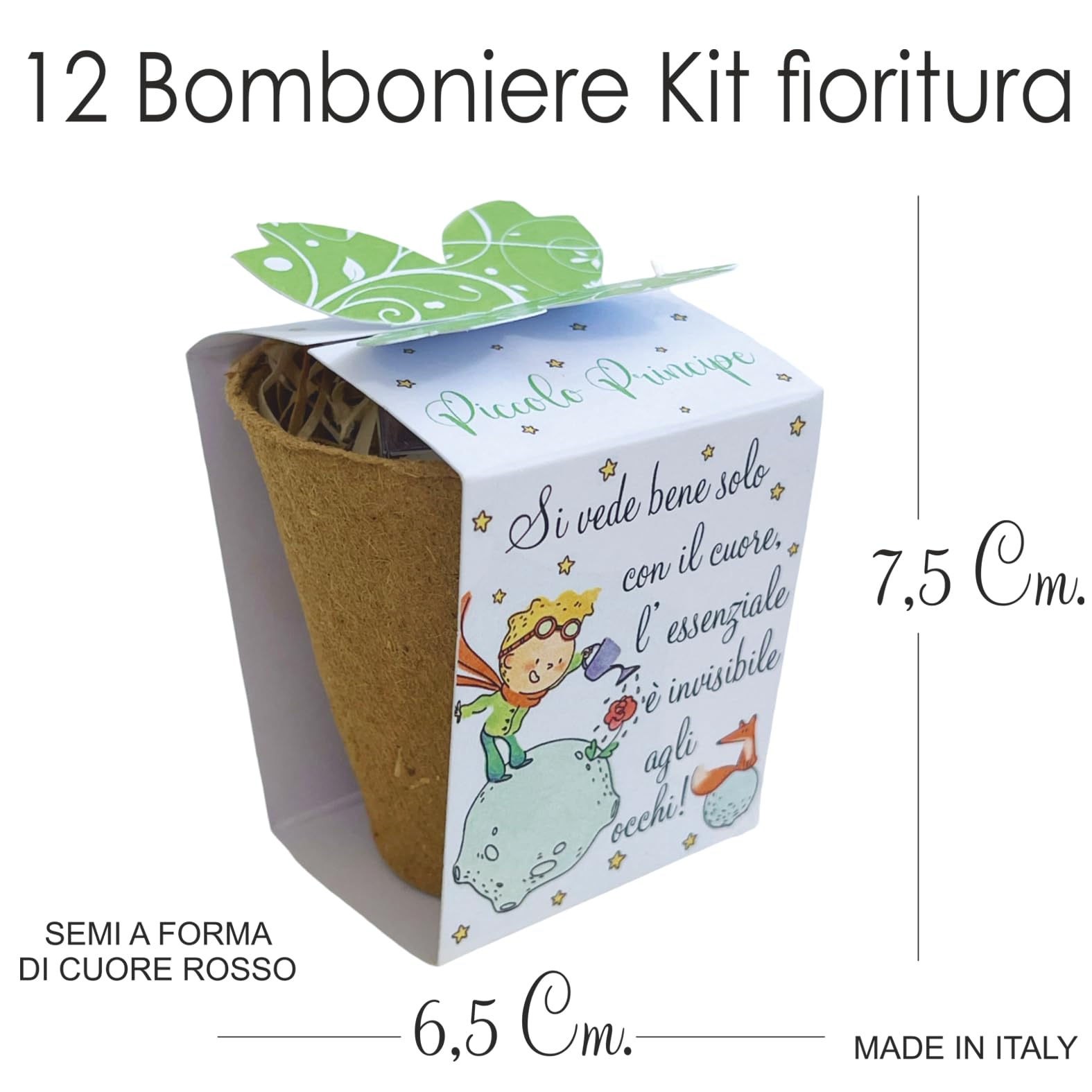 Regalami.shop12 Bomboniere Complete Eco-Sostenibili con Kit Fioritura Il Piccolo Principe - Set da 12 Pezzi per bomboniere Nascita, Battesimo, Comunione