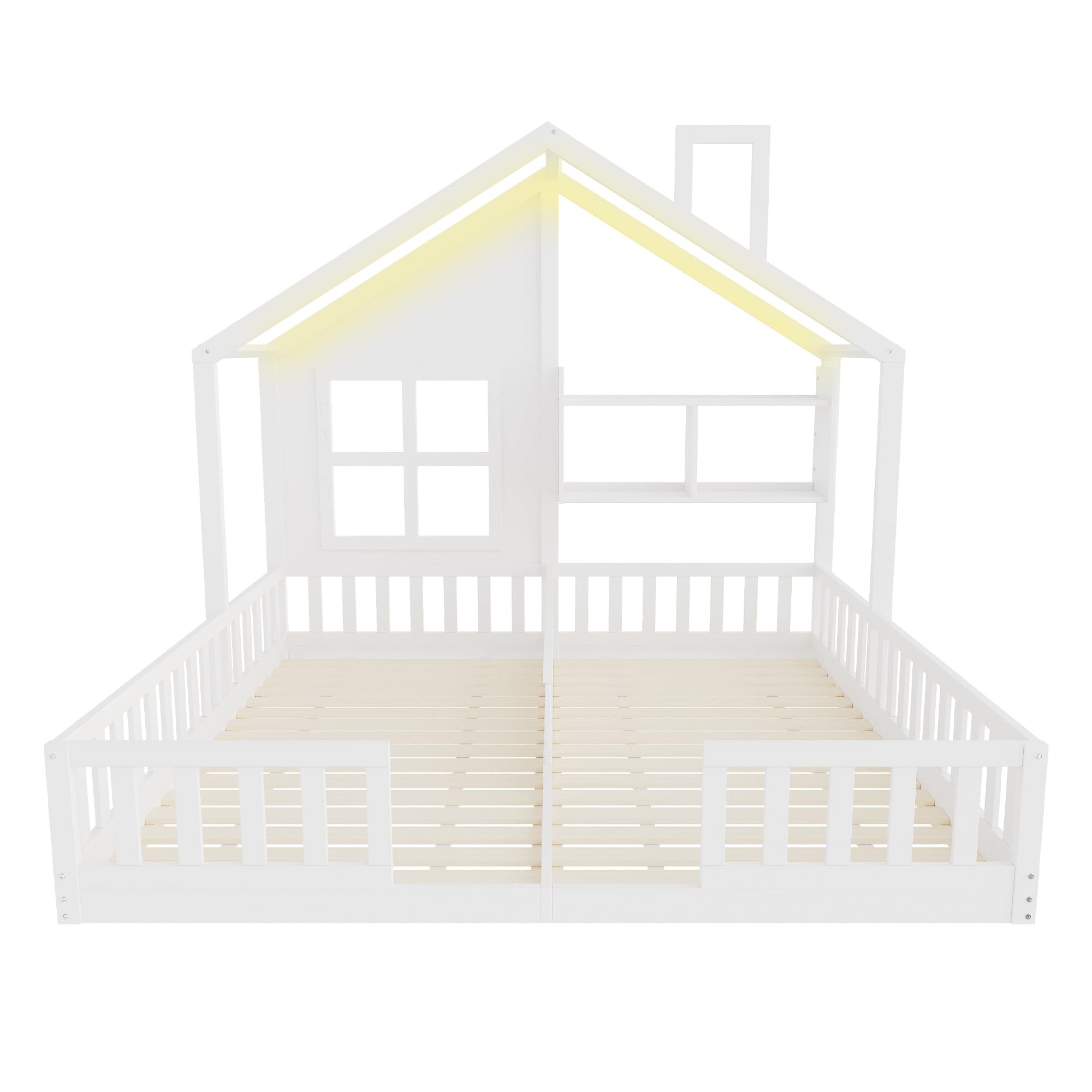 Lettino per Bambini 90×200 cm, Letto Matrimoniale Indipendente in Stile Casa, Funzione Atmosferica, Recinzione di Sicurezza e Superfici di Appoggio, Legno + MDF, Completo di Rete a Doghe per
