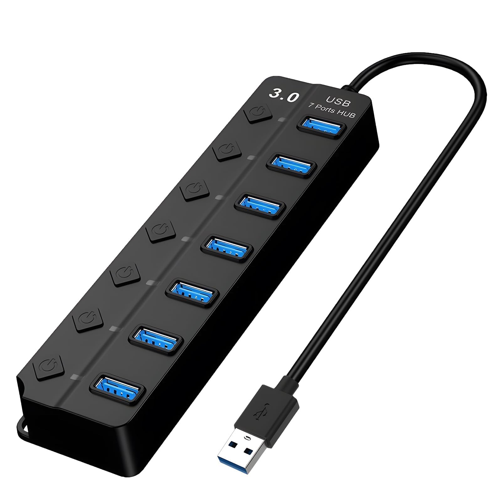 7-Port USB 3.0 Hub Multiport USB Splitter with Individual Switches Lights High-Speed Portable Adapter Extension Data Hub for Apple MacBook iMac PC Windows Laptop Flash Drives Printer and More