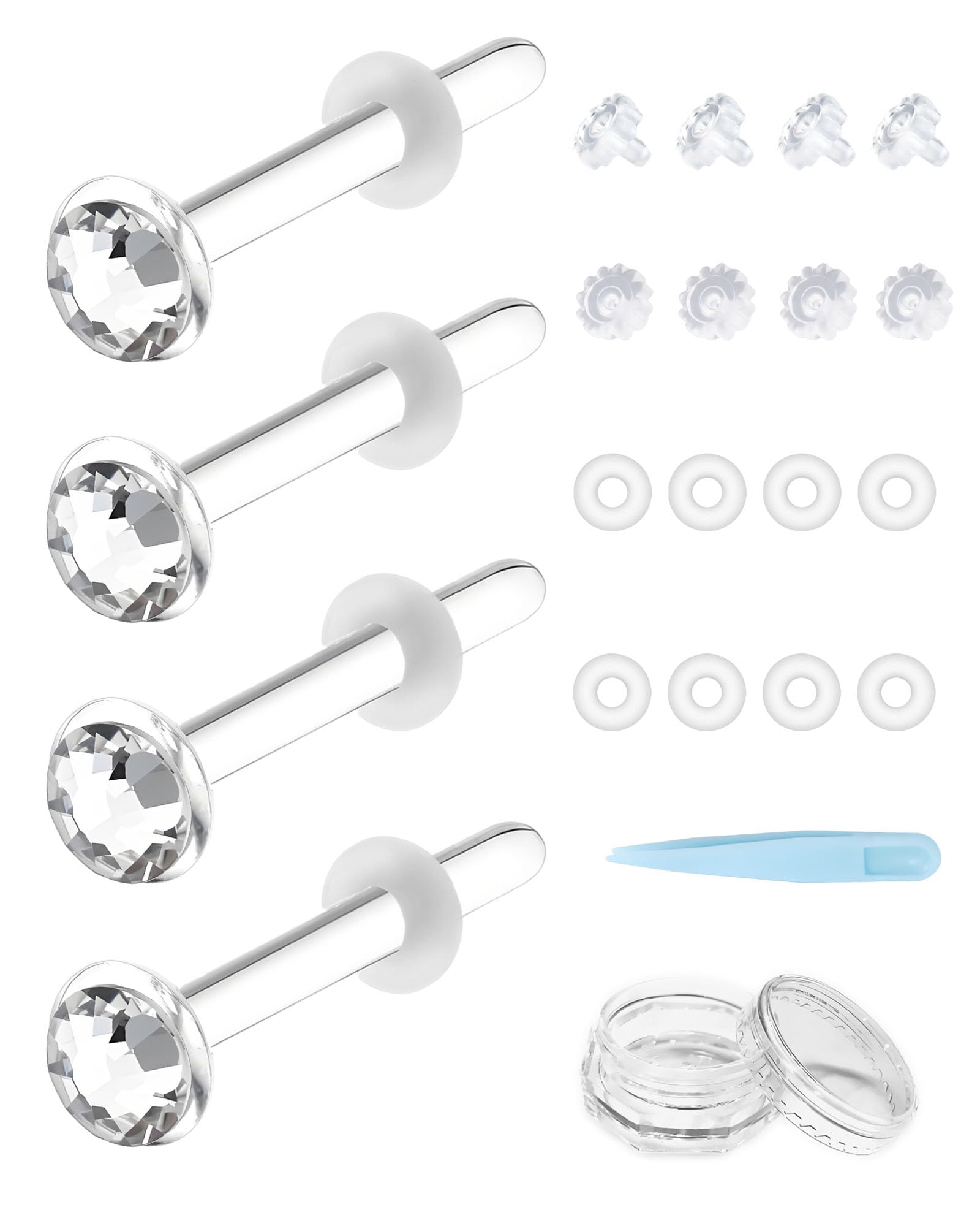 [Tiszink] ガラスピアス 透明 ジルコニア【4本ピアス+16個キャッチ】強化ガラス レディース 14G 18G 20G 軟骨 ボディー つけっぱなし ピアッサー 金属アレルギー対応 肌になじむ へそ キャッチ 両耳用
