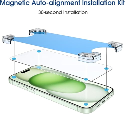Miniatura 8 de amFilm Paquete de 3 protectores de pantalla magnéticos OneTouch compatibles con iPhone 15, accesorios de vidrio templado de 6.1 pulgadas, kit de