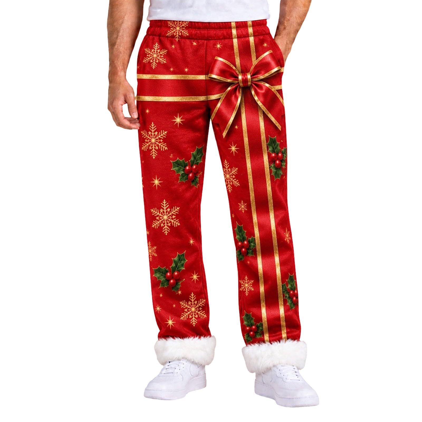 Christmas Costume Pants for Men Green Flannel Xmas Holiday Trousers with Pl