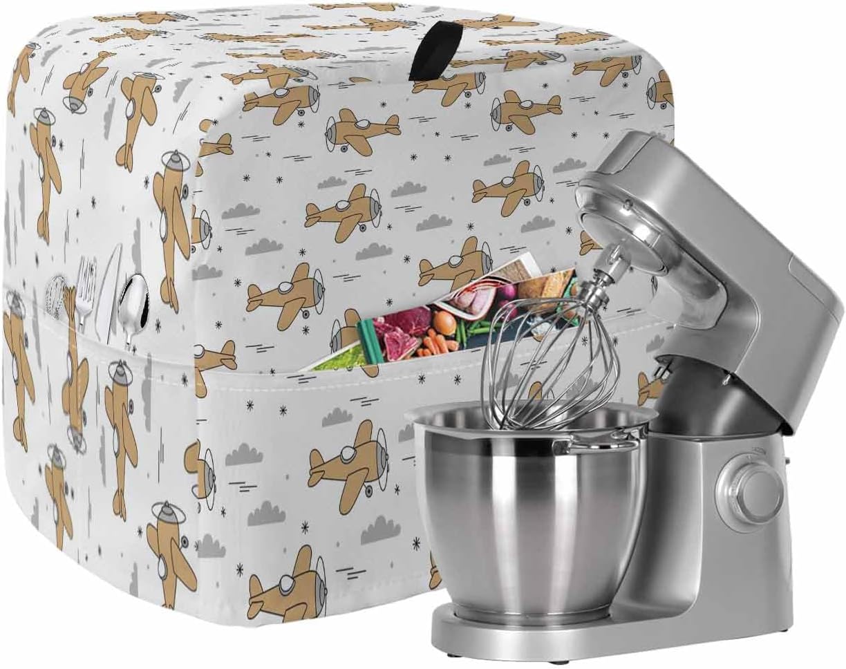 Turquoise Airplane Stand Mixer Cover with Storage Pocket, Waterproof Kitchen Mixer Covers, Modern Abstract Art Cartoon Clouds Kitchen Appliance Dust Cover Compatible with 5-8 Quart Mixers