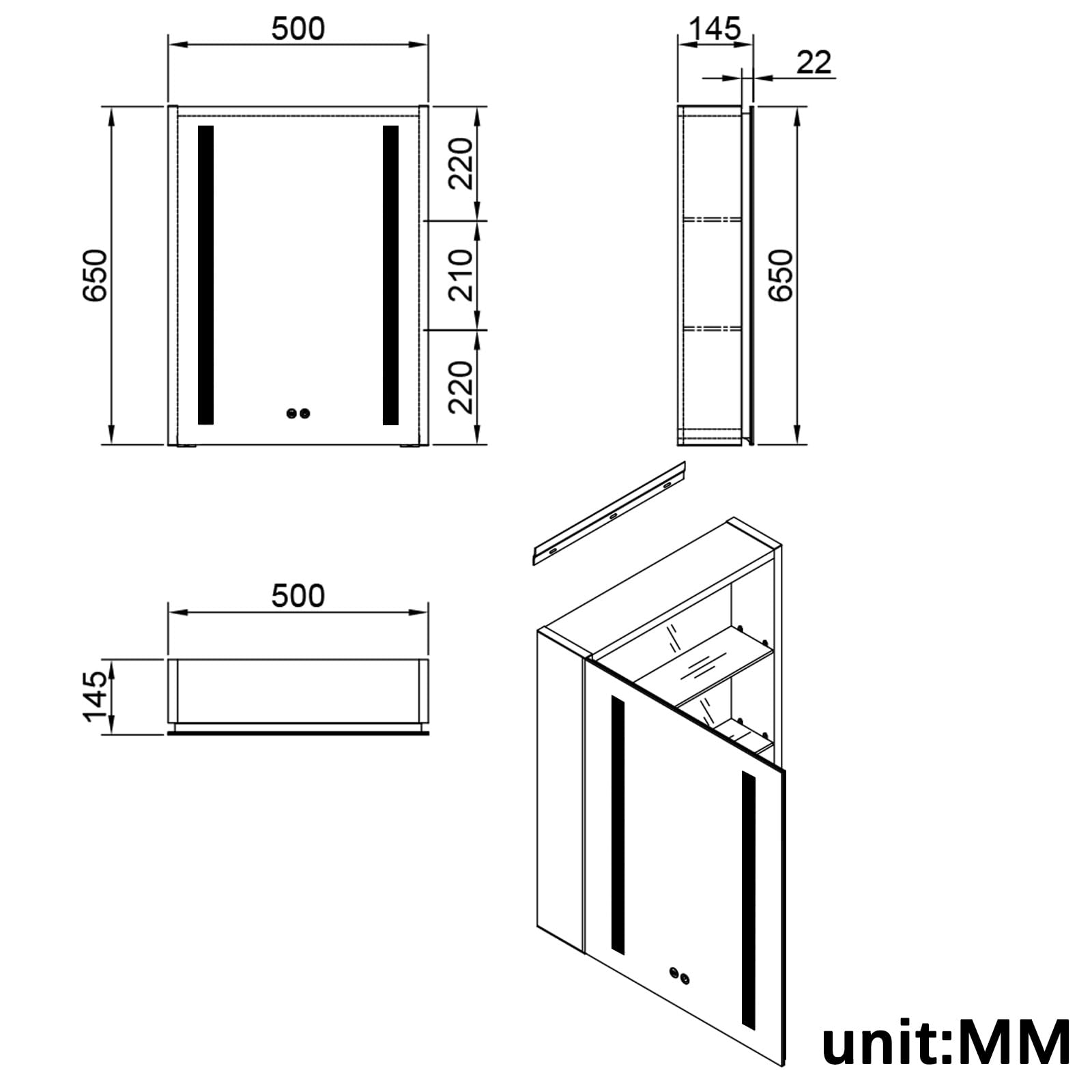 T&K LED Szafka łazienkowa z oświetleniem i odmgłową 50 x 65 cm, z dolnym oświetleniem otoczenia, gniazdo i gniazdo USB, szafka ścienna ze stopu aluminium do lustra łazienkowego