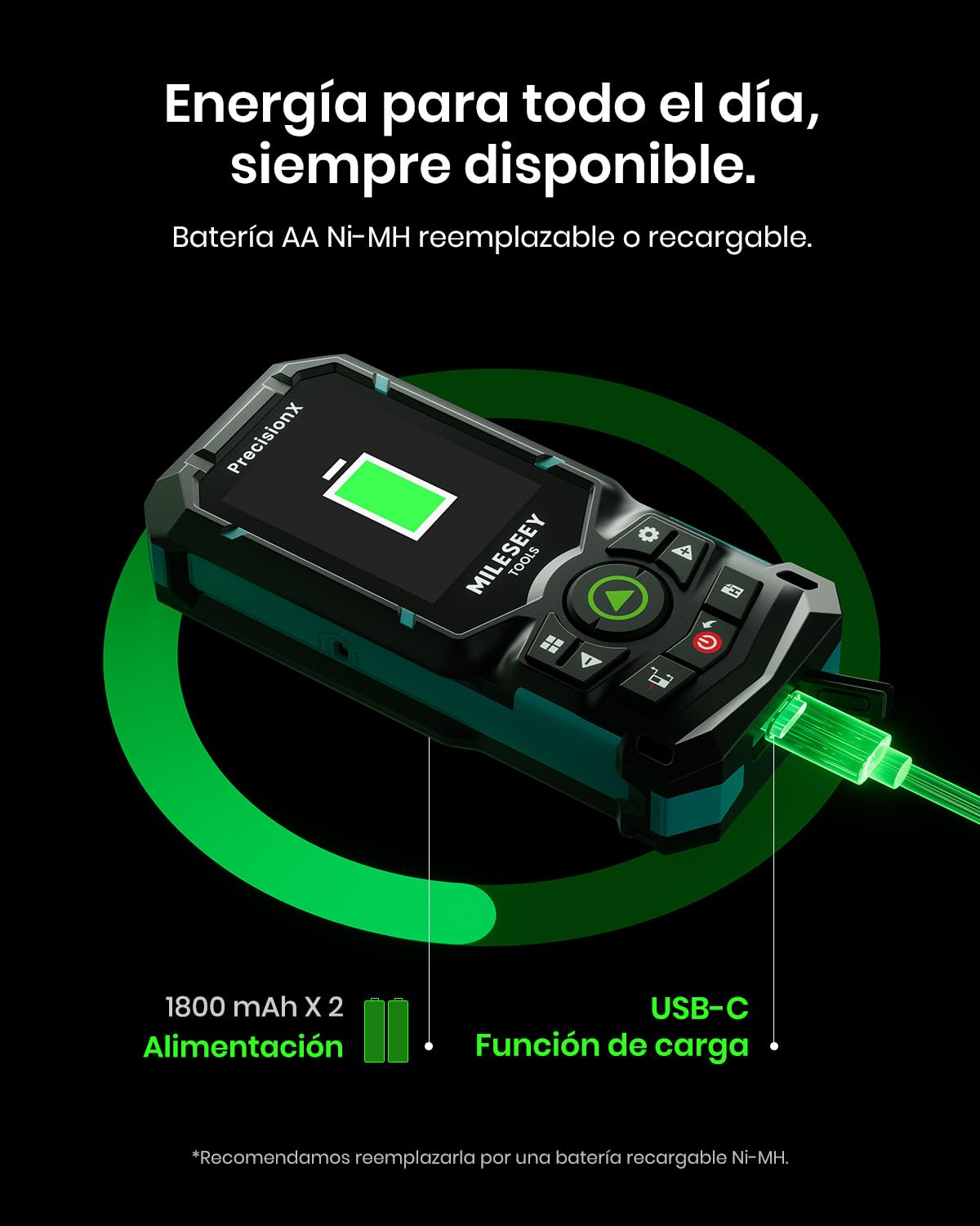 MiLESEEY S50 Metro Laser con Rayo Verde, 120 m Medidor Laser, P2P Medidor Laser Distancia, Alineación Láser Lateral, Recargable, 6,1 cm IPS-Display, Interior Exterior