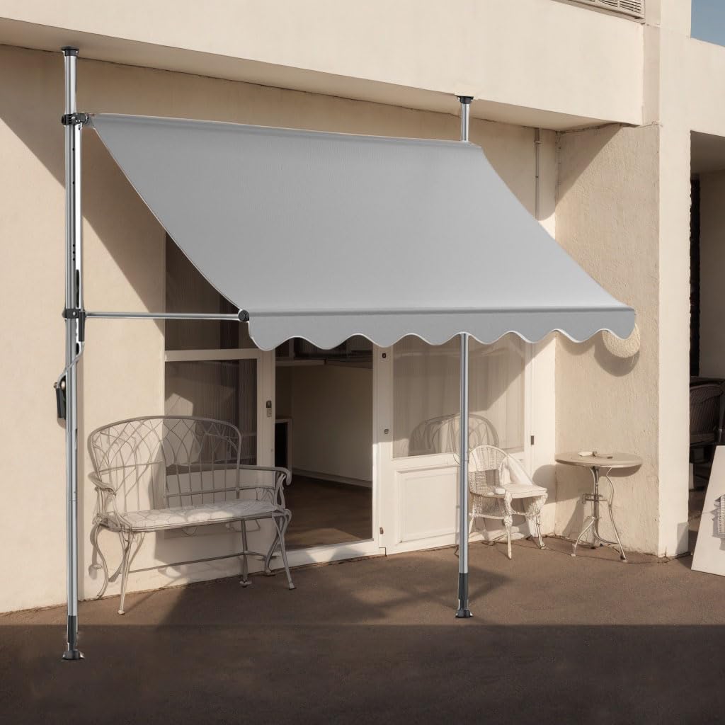 Klemmmarkise 250cm Breit Balkonmarkise mit Handkurbel Sonnenschutz ohne Bohren, UV-beständig & wasserdicht, Höhenverstellbare Markise für Balkon, Terrasse, Garten (Hellgrau‌,250x120cm)