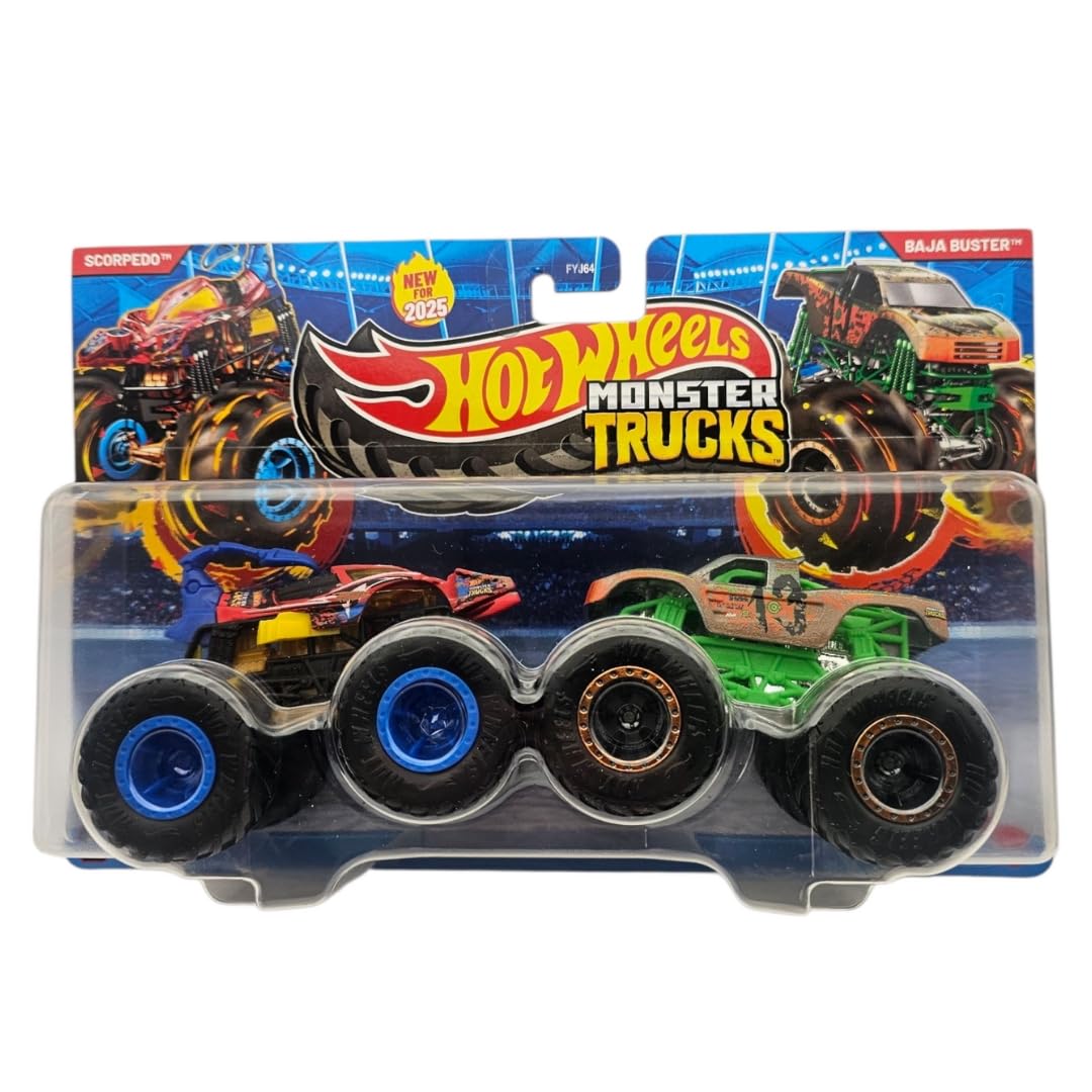 Hot Wheels Monster Trucks, Scorpedo vs Baja Buster, 2-Pack Die-Cast Vehicles, 2023 Edition