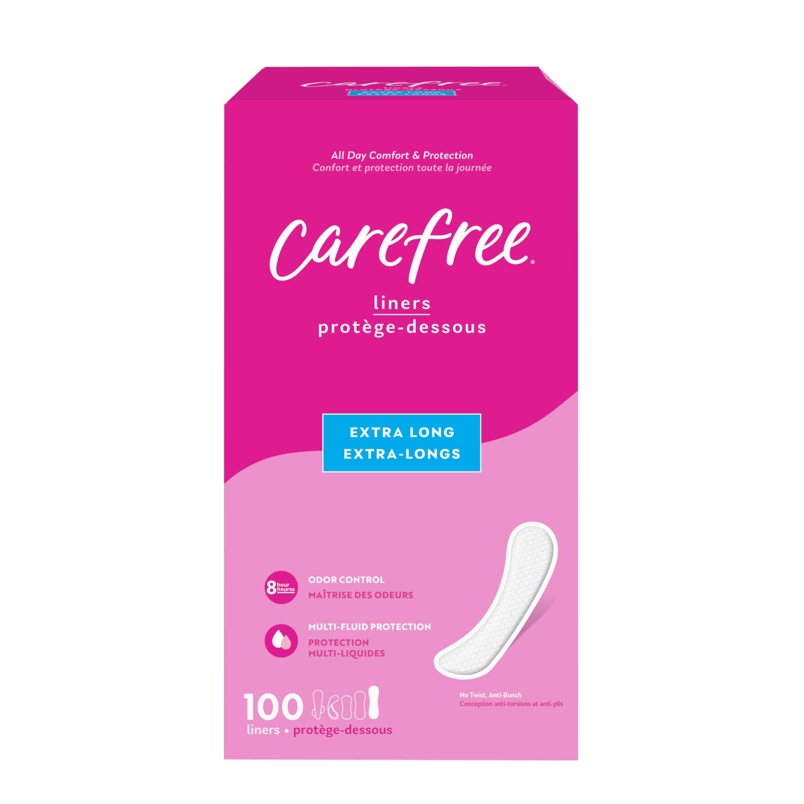 Carefree Panty Liners, Extra Long Liners, Unwrapped, Unscented, 100ct