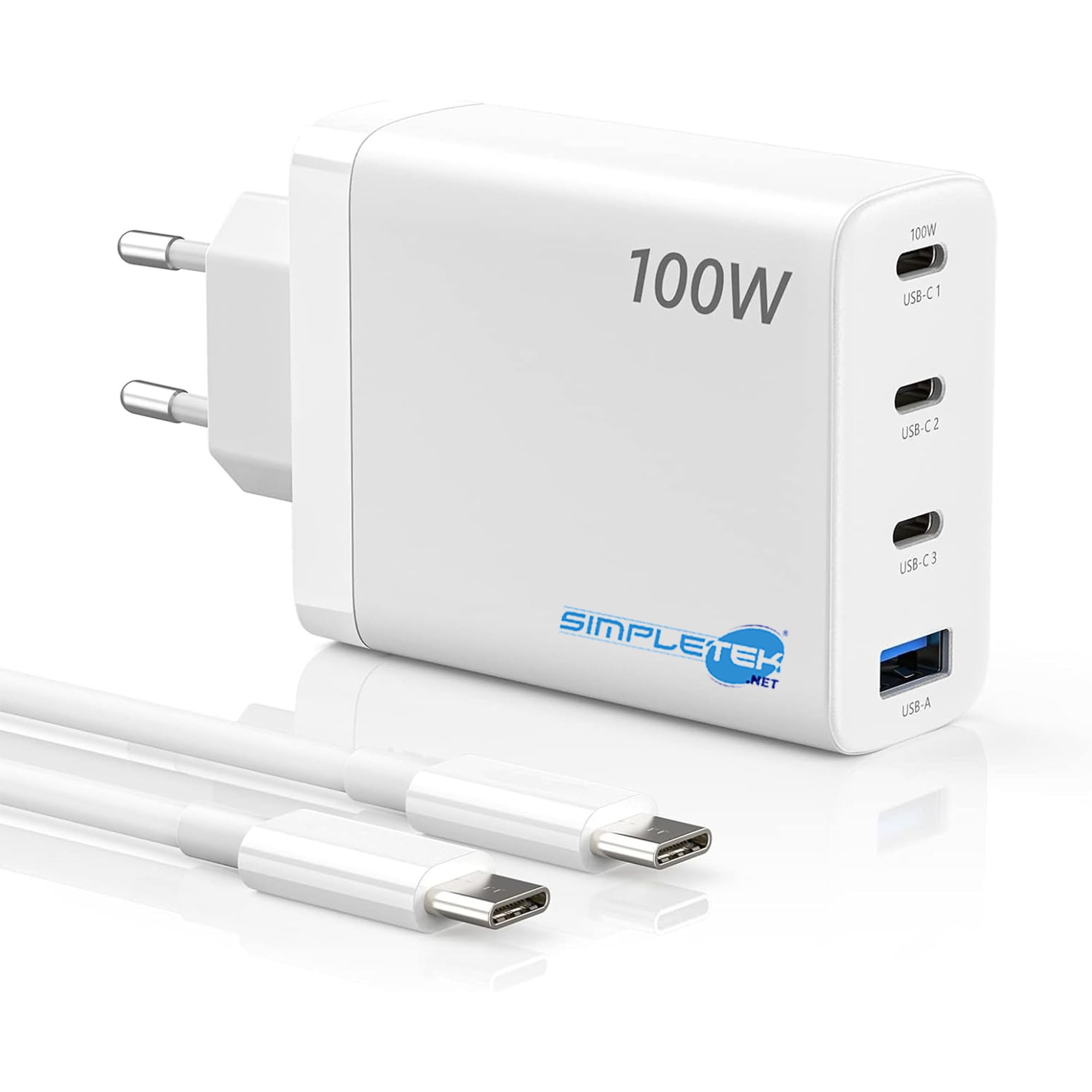 SIMPLETEK - Alimentatore 100W GAN Quick Charge 3 x USB-C (2 x 100W + 1 x 23W) USB 5V 9V 12V 15V 20V 3A 5A con adattatore presa USA a EU e cavo USB-C omaggio